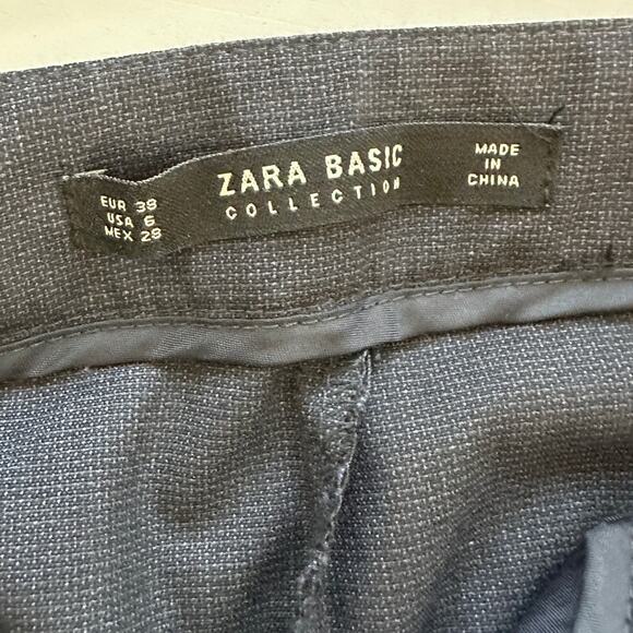 Zara Navy Blue Micro Tweed Straight Leg Cuffed Trouser Pant 6 - Picture 7 of 13